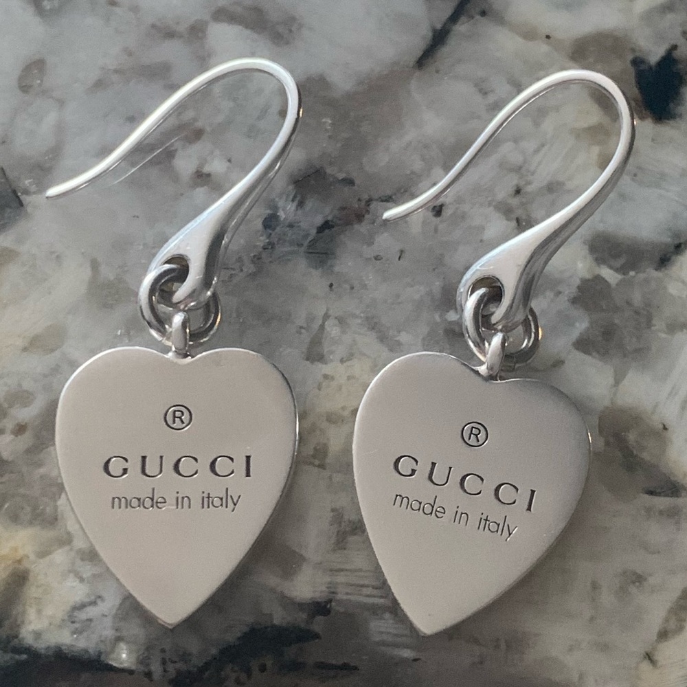 GUCCI Trademark Heart Dangle Earrings, Sterling Silver, Stamped 925